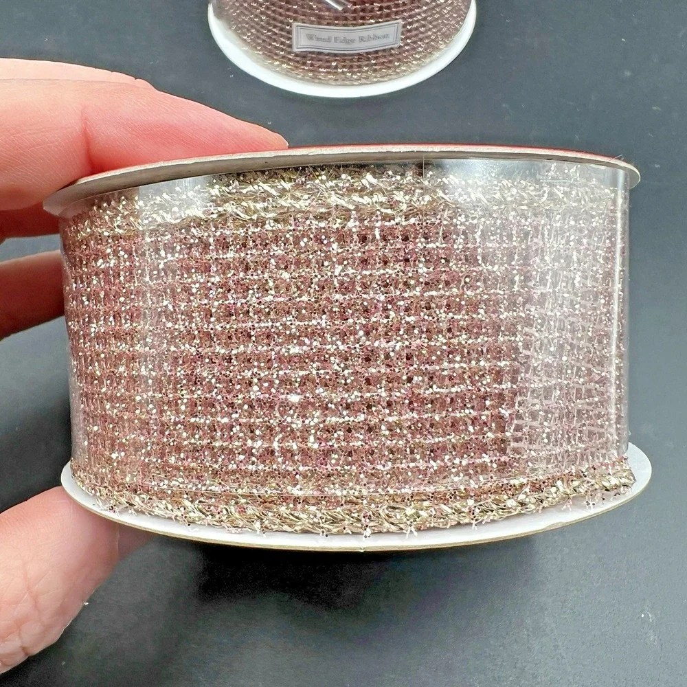 Pink Rose Gold Metallic Glitter Net Wired Edge Ribbon Set of 2 Roll 30'ea  ~ NEW